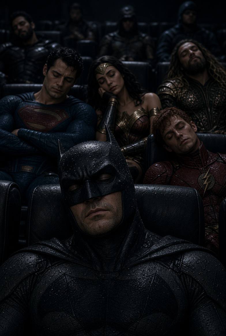 The Justice League asleep in a dark movie theater while Batman sits in the front row